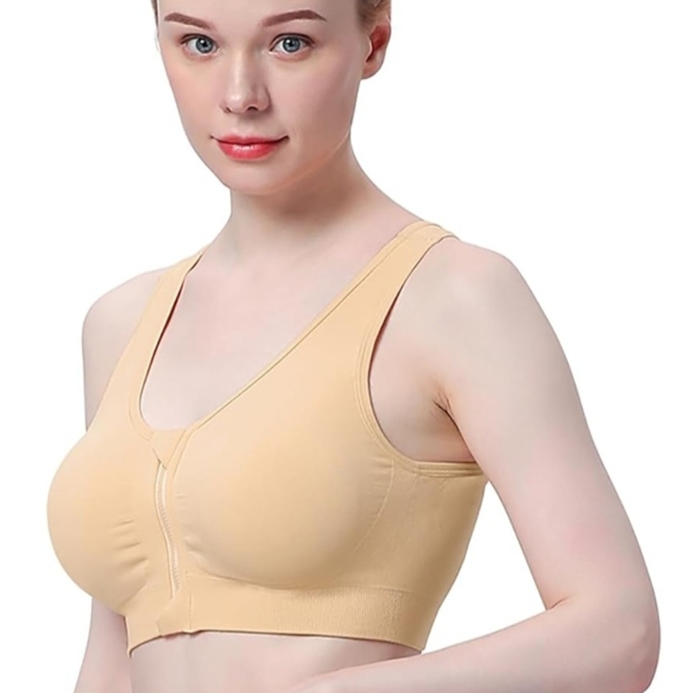 NEW Seamless Front-Zip Racerback Comfort Bra in Nude